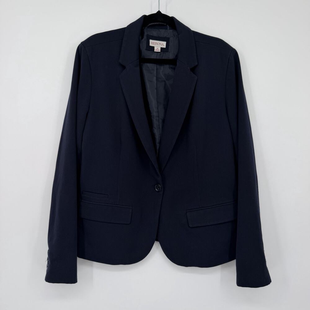 Merona Suit Blazer Jacket Women Size 14 Navy Blue Single Button Career Business
